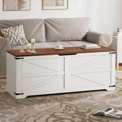 DWVO Storage Bench, 47.2" Farmhouse Storage Chest with 2 Safety Hinges, Wooden Utility Organizer, Shoe Bench for Entryway, Bedroom, Living Room, White and Walnut