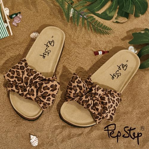 Image of PepStep Slide Sandals for Women or Ladies Dressy Summer Casual, Cute Bow Tie Knot On Top Strap, Comfy Slip On Cork Foot Bed