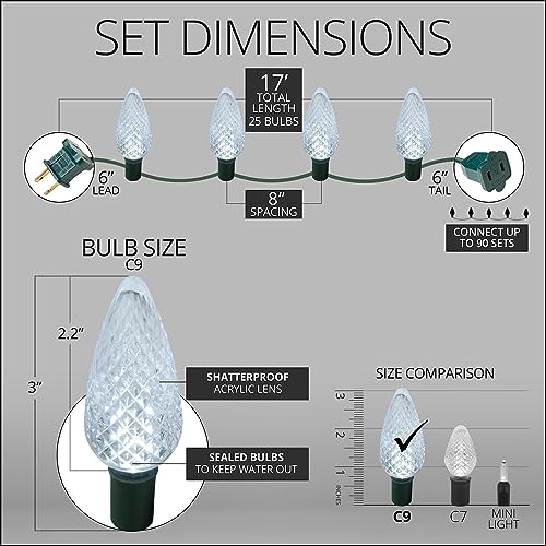 Wintergreen Lighting IOS-4-25 C9 Led Faceted Cool White Prelamped Light Set, Green Wire - 25 C9 Cool White Led Christmas Lights thumb #3