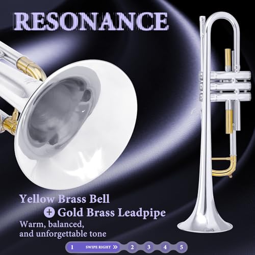 Image of ALLSET Bb Standard Trumpet for Beginners | Student Band, Orchestra, Pro Level Performance | Professional Brass Trumpet Kit with Hard Case, 7C Mouthpiece& Cleaning Kit | Advanced Students Silver