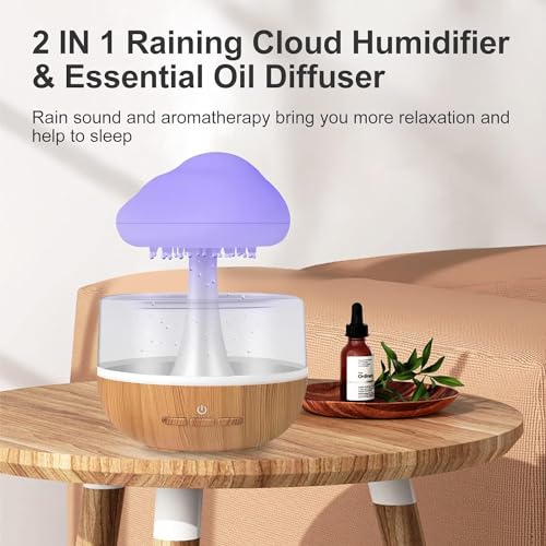 Image of Plastic Raining Cloud Night Light Aromatherapy Essential Oil Diffuser Micro Humidifier Desk Fountain Bedside Sleeping Relaxing Mood Water Drop Sound for Bedroom, Office or Yoga (Raining Cloud)