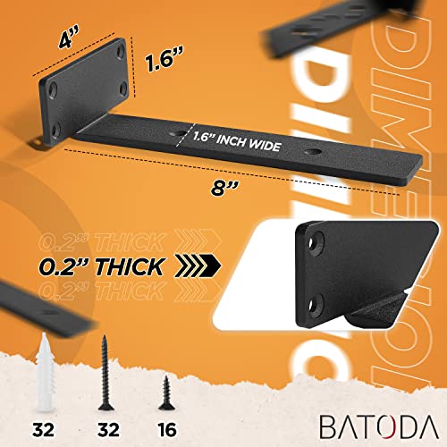 Batoda - 8" Floating Shelf Bracket (8 Pcs) – Black Metal L Brackets - Hidden Brackets For Floating Wood Shelves - Blind Shelf Support - Shelving Mounting Hardware Included (Pack 8) #TOP2