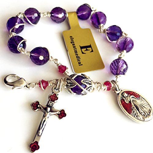 elegantmedical Silver Wire Wraped UNDOUBTED AMETHYST Crystal BEAD BRACELET ROSARY CROSS CATHOLIC3