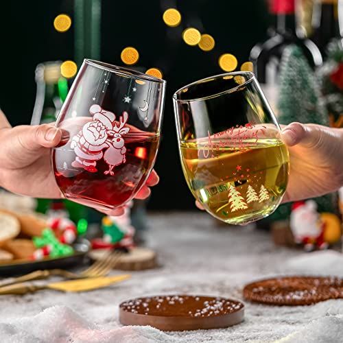 Gezzeny Christmas Wine Glasses, Merry Christmas Crystal Stemless Wine Glasses 15 Oz Set Of 2 Wine Glass Set With Christmas Tree And Santa Printing, Idea Christmas Gift For Women, Men, Family, Friends #TOP3