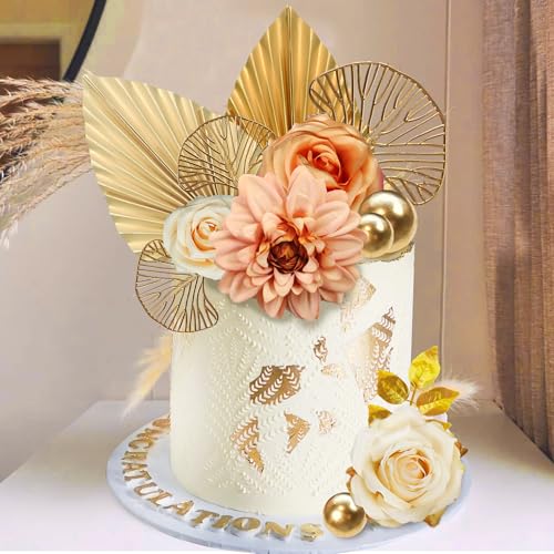 DRWATE Cake Topper, 11pcs Boho Flower Gold Leaves Cake Decorations