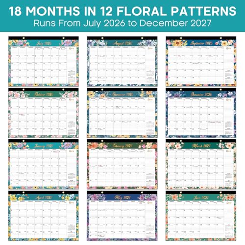 Image of 3 Pack of Desk Calendar 2026-2027, 18-Month Calendar Runs from July 2026 to December 2027, Large 17 inch x 12 inch Monthly Desktop & Wall Calendar for Home & Office - Floral