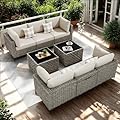 CAODOC Patio Furniture,All Weather Wicker 8 PCS Outdoor Sofa with Solar Powered Coffee Table,Conversation Set with Grey Rattan Beige Cushion