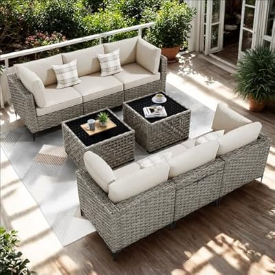 CAODOC Patio Furniture,All Weather Wicker 8 PCS Outdoor Sofa with Solar Powered Coffee Table,Conversation Set with Grey Rattan Beige Cushion