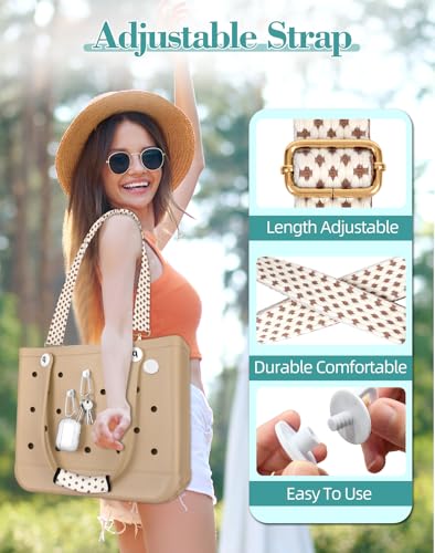 Image of Bag Strap Charms Crossbody for Bogg Bag Accessories - Shoulder Strap Neoprene Luggage Handle Wrap for Suitcase & 2 Key Holders Coffee Geometry Pattern