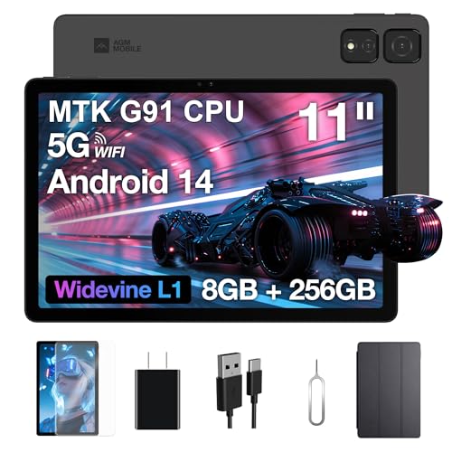 AGM 11インチ Android 14タブレット 8GB RAM+256GB ROM+512GB拡張|高性能MTK G91搭載|顔認証|学習モード|WiFi 5G&Bluetooth 5.0対応|Gemini AI対応|7850mAh長時間バッテリー|日