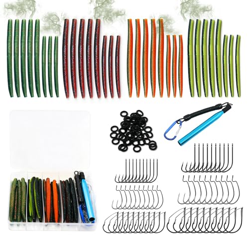 Wacky Rig Kit for Bass Fishing 143PCS Soft Plastic Wacky Worms (4in & 5in) Weedless Wacky Rig Hooks & Tool O-Rings Bass Trout