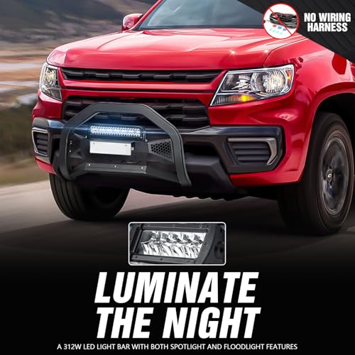 Image of Bull Bar with LED Light & License Plate Frame Compatible with 2015-2022 Chevy Colorado & GMC Canyon Front Brush Guard, Truck Guard Grille, Bumper Push Bar (Include Light Mount & Skid Plate)