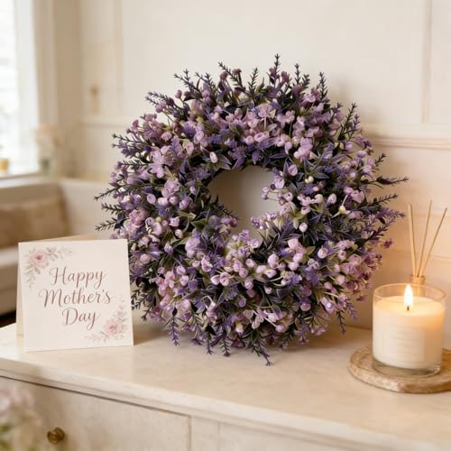 Spring Door Wreath for Front Door 13.78" Artificial Lavender Wreath,Outdoor Purple Wreath,Large Artificial Greenery Outdoor Wreath for Home,Door Window Wall Decor Fireplace