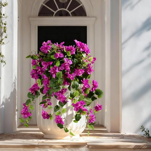 Bougainvillea Artificial Hanging Flowers for Outdoor 3 Pcs Faux Bougainvillea Flowers Fake Hanging Plants Silk Flowers Long Trailing Vines for Front Door Porch Planter Patio Balcony (Dark Purple)