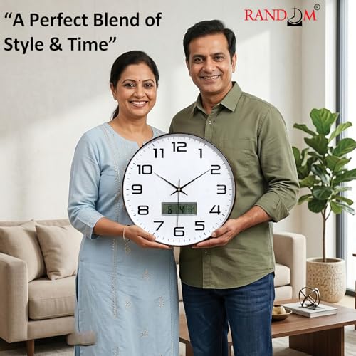 Image of RANDOM Premium Wall Clock, Black Plastic Frame, Gold 3D Numbers, 32 cm, Silent Sweep, HD Reinforced Glass (Digital Brown)