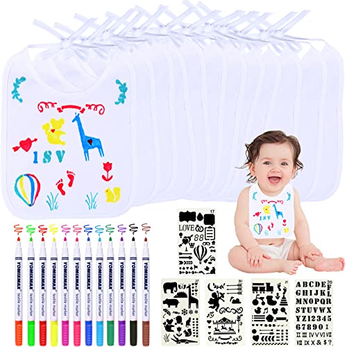 Funmo 12 Stück Weiß Lätzchen zum Bemalen Set,mit 5 Schablonen und 12 Textilstiften,Baby Lätzchen aus Baumwolle Doppelseitig,Geschenk für Babyparty Mädchen/Junge(22 x 17.5CM) Cover