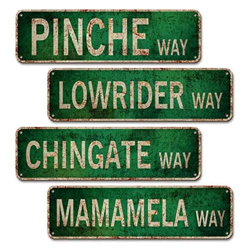 EastLink Pinche Way Street Sign 4 PCS, Duplex Printed Retro Lowrider/Chingate/Memamela/Pinche Way Signs for Men Room Decor, Fade Resistent Funny Mexican Signs Lowrider Wall Art, 4x14 Inches