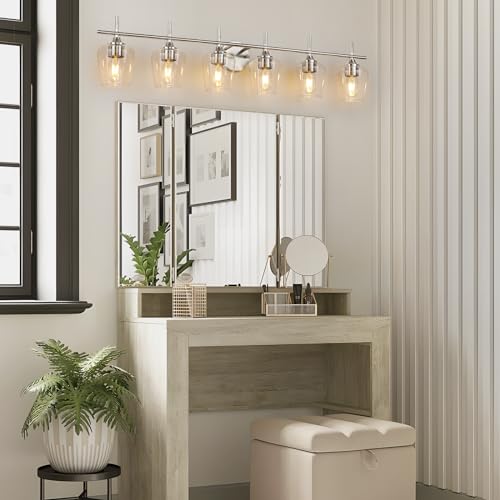 Image of foucasal Vanity Light for Bathroom, 6-Light Brushed Nickel Modern Bathroom Vanity Lighting Over Mirror with Clear Wine Glass Shade Wall Lamp for Bedroom Hallway Living Room