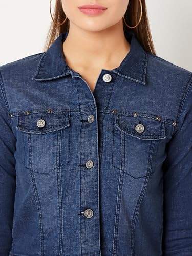 Image of Miss Chase Women's Polo Neck Full Sleeves Patch Pocket Denim Overcoat Knee-Length Jacket