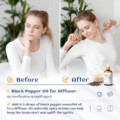 Image of HIQILI Black Pepper Essential Oil for Aromatherapy & Diffuser - Natural Spicy & Warming Scent - Therapeutic Grade - 3.38 Fl Oz