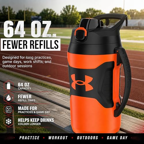 Image of Under Armour Insulated Water Bottle with Handle & Fence Hook, Half Gallon Sports Water Jug, Leak-Resistant & BPA-Free for Baseball, Football & Gym - Blaze Orange /Black, 64oz