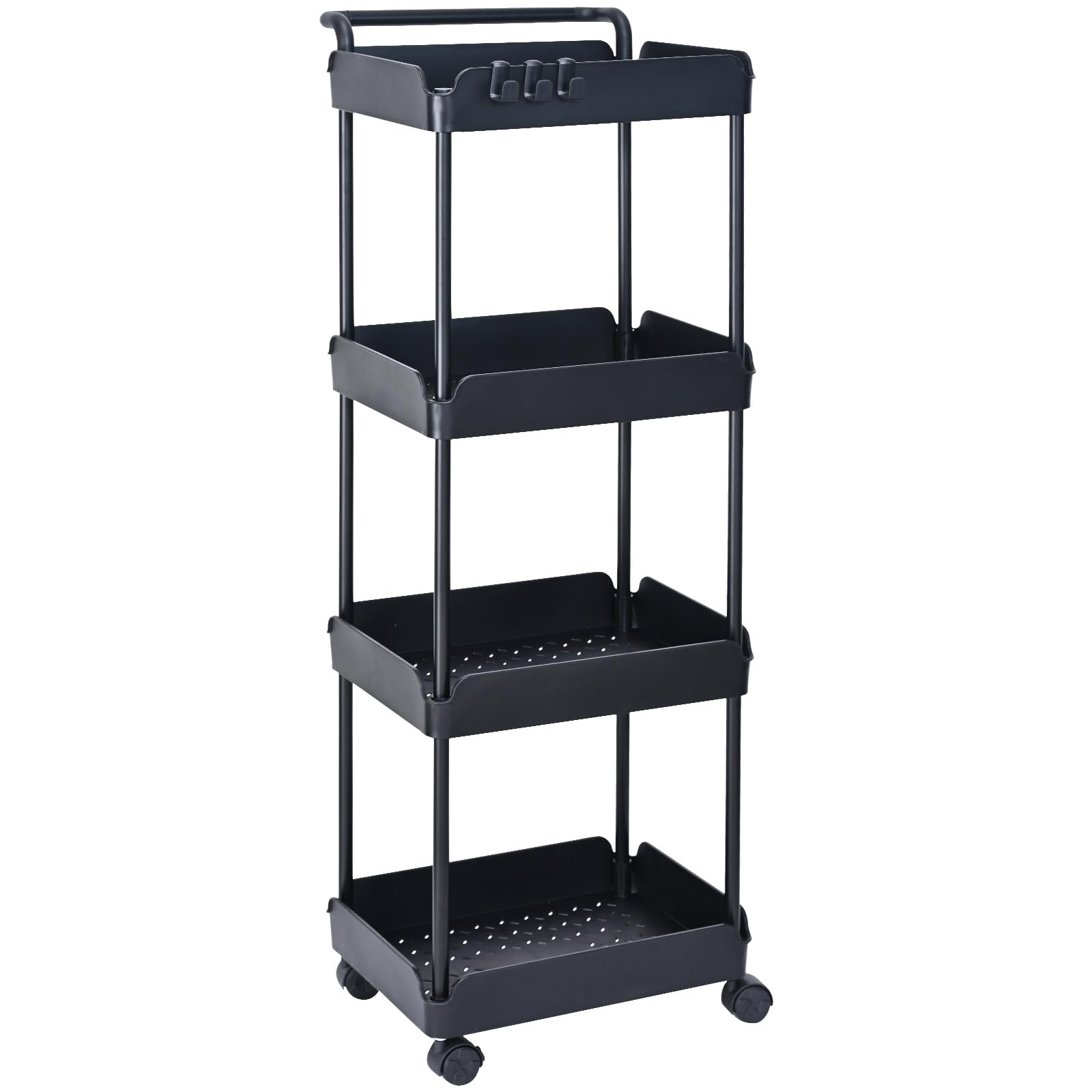 VEVOR 4-Tier Rolling Utility Cart, Kitchen Cart with Lockable Wheels, Multi-Functional Storage Trolley with Handle for Office, Living Room, Kitchen, Movable Storage Basket Organizer Shelves, Black