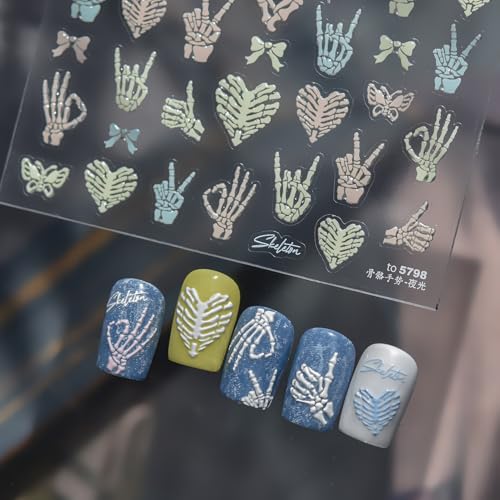 Image of Human Skeleton Nail Stickers Luminous Fluorescent Nail Art Stickers 5D Embossed Self Adhesive with Bones of Hand Design Goth Nails Decals for Women Manicure Decoration