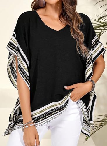 Women's Casual V Neck Floral Tops Batwing Sleeve Blouse Loose Fitting Shirts Boho Flowy Side Slit Tees2