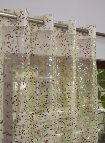 Image of Homefab India Multi Foil Transparent Sheer Curtain - 5 X 4 Feet, Window Curtains, Beige Leaf, Pack of 1 Piece