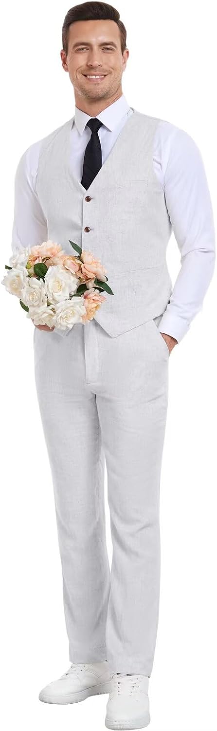 Men's Linen Suits 2 Piece Slim Fit Suit Prom Beach Wedding Groomsman Vest Pants Set Casual Summer Linen Outfit - Image 3