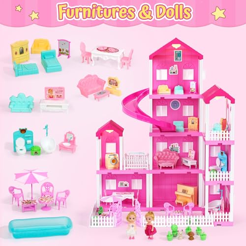 TUZT 4-Story Doll House with Pool & Slide, Toy Figures, Pet Dogs, Furniture and Accessories, Pretend Play Dream Dollhouse with Light, Christmas Birthday Gifts for Kids Toddlers Girls Age 3 4 5 6 - Thumbnail 2