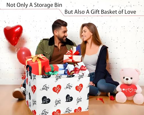 Image of Large Valentine's Day Basket Heart Shaped Storage Bin for Gifts Collapsible Organizer Room Decor (Red Black Love You)