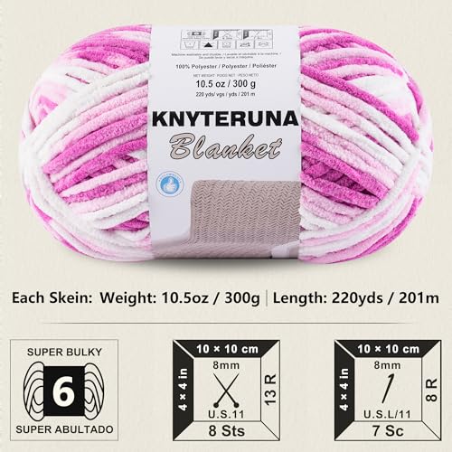 Image of #6 Super Bulky Blanket Yarn for Crocheting - 4 Skeins(Each 10.5oz /300g, 220yds /201m), Chunky Chenille Thick Plush Big Soft Yarn for Crocheting Knitting Blankets, White & Pink & Rose