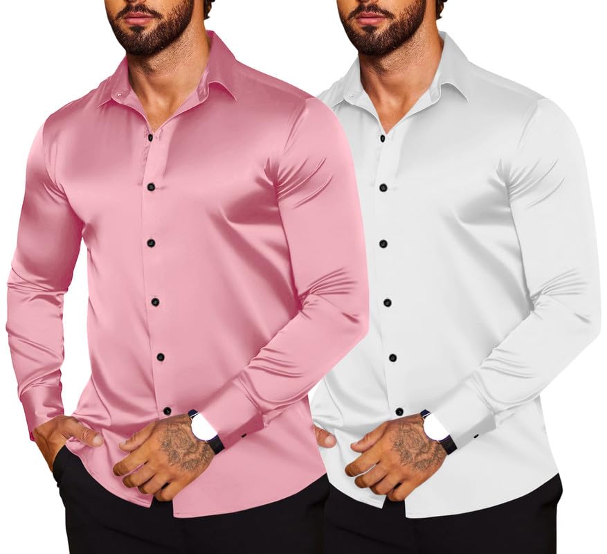 Image of Combo of Men's Premium Satin Cotton Shirt with Full Sleeves & Spread Collar | Smooth Finish | Slim Fit | Stylish Button Down Shirt for Evening, Casual Pack of 2