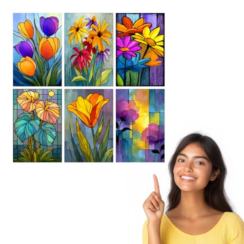 Image of SiddArtify Floral Stained Glass Wall Art Poster Print Set - Modern Flower Decor for Living Room Bedroom Office - 12x18 inch Board Pack of 6