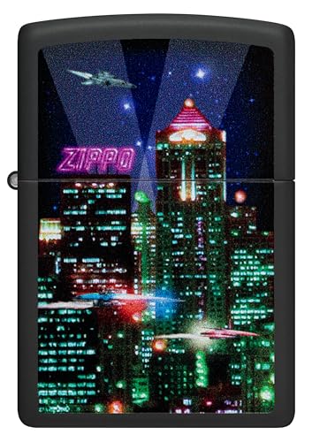 Image of Zippo Cyber City Windproof Lighter - Futuristic Neon Skyline Design, Matte Finish,Pocket Fuel Refillable Windproof Lighter, BIS Certified