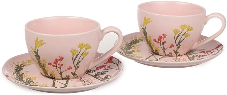 Durable Porcelain Tea Cups and Saucers, Set of 2 (275 ml/ 9.2 fl oz), Cappuccino cups, Tea cup set; pink floral design Tea sets for adults; Ideal gift for special occasions