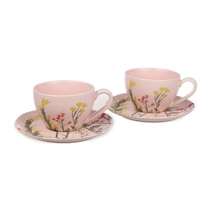 2-Piece Durable Porcelain Cup & Saucer (275 ml/ 9.2 fl oz) Set with Pad Printing, Wild flower Floral Design, for Tea or Coffee, Gift Boxed, Light Pink