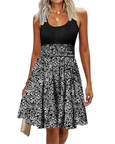 Image of Summer Dresses for Women Casual Sleeveless Sundresses Elastic Waist Mini Sun Dress