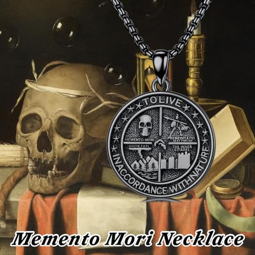 PELOVNY Memento Mori Necklace 925 Sterling Silver Amor Fati Stoic Four Virtues Necklace Nature Jewelry Christmas Stoicism Gifts for Men Women Black/Gold/Silver3