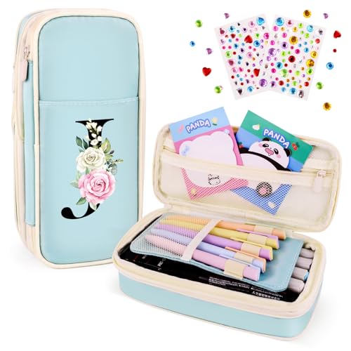 Image of Preppy Pencil Case for Girls, Cute Large Pencil Pouch, Personalized Initial Pencil Bag with Zipper for School College Office Supplies, Back to School Supplies Gifts for Teen Girls (J, Blue)