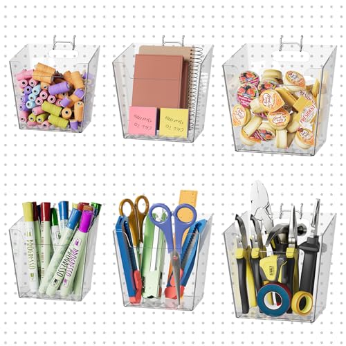 LIGHT DUST Clear Pegboard Cups with Hooks, 1/8" & 1/4" Peg Board Orangizer Accessories Aesthetic Decoration for Garage Workbench Craft Room Office Playroom Organization (6, S/M/L)