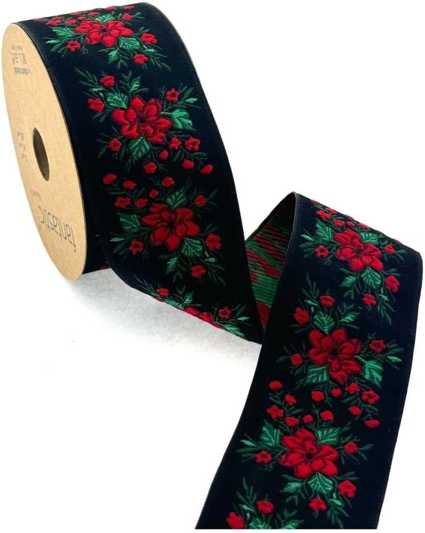 Floral Pattern Woven Border Ribbon 5cm (1.97") – 10m (32.8 ft) Roll | 100% Polyester Jacquard Ribbon for Sewing, Crafts & Home Décor (White/Pink)
