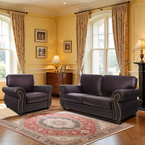 Image of Couchus 71 inch W Living Room Furniture Sets, Mid-Century Vintage Faux Leather Sofa and Couch Sets, Loveseat and Sofa Set with Nailhead Trim (Brown, Single+Loveseat)