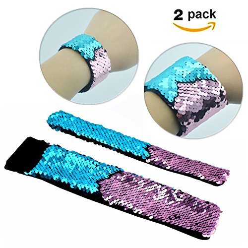 Mermaid Bracelet - 2 Color Reversible Sequin Bracelets - Magic Party Supplies Favors Slap Bracelet for Women, Girls and Kids.