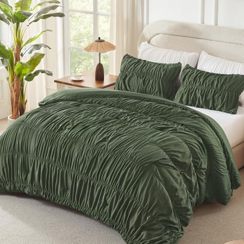 Image of Andency Olive Ruched Comforter Set Queen Size, Shabby Chic Pleated Bedding Sets 3 Pieces, Lightweight Soft Boho Ruffle Bed Set for Girls, Kids, Women, All Season