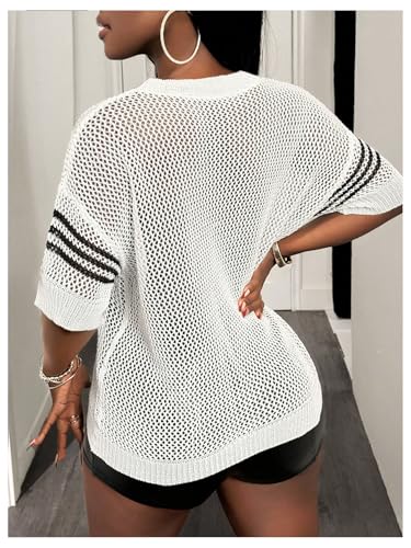 GORGLITTER Women's Oversized Jersey Shirts Graphic Short Sleeve Sweater Y2k Hollow Out Crochet Top 20252