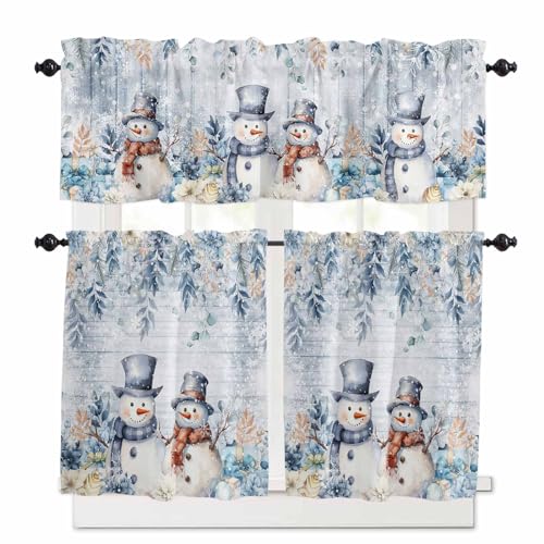 Blue Snowman Christmas Kitchen Curtains Set - Short Half Curtains 24 Inches Length, Xmas Floral Botanical Tier and Valance Set, Winter Snowflake Window Treatment Draperies for Bedroom