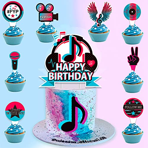 25Pcs Tik Music Happy Birthday Cake Toppers，Musical Tik Cupcake Toppers For Girl's Music Karaoke Themed Party Supplies，Music Birthday Party Decorations #TOP6