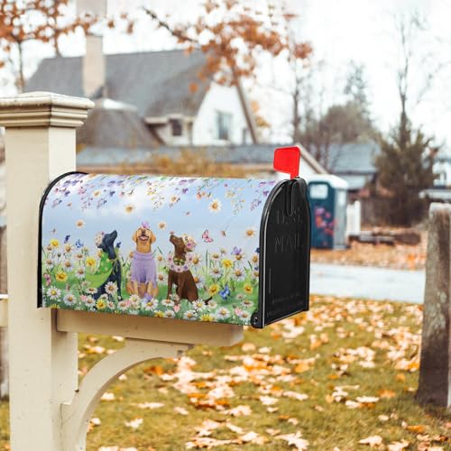 Image of Spring Dog Mailbox Cover with Magnetic 25.5x21Inch Colorful Wildflower Butterfly Puppy Waterproof Mailbox Wrap Letter Post Cover Large Size for Garden Yard Outdoor Season Outside Decor